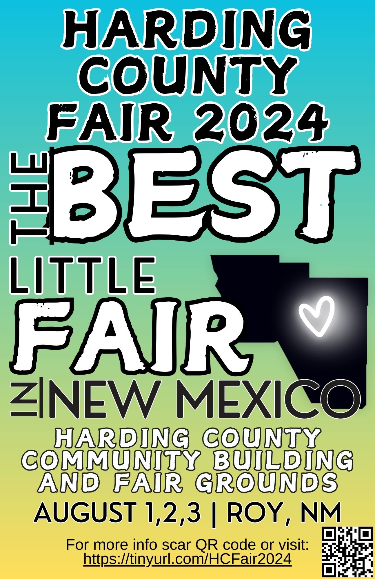 Harding County Fair 2024. The Best Little Fair in New Mexico. Harding County Community Building and Fair Grounds. August 1, 2, 3 in Roy, NM